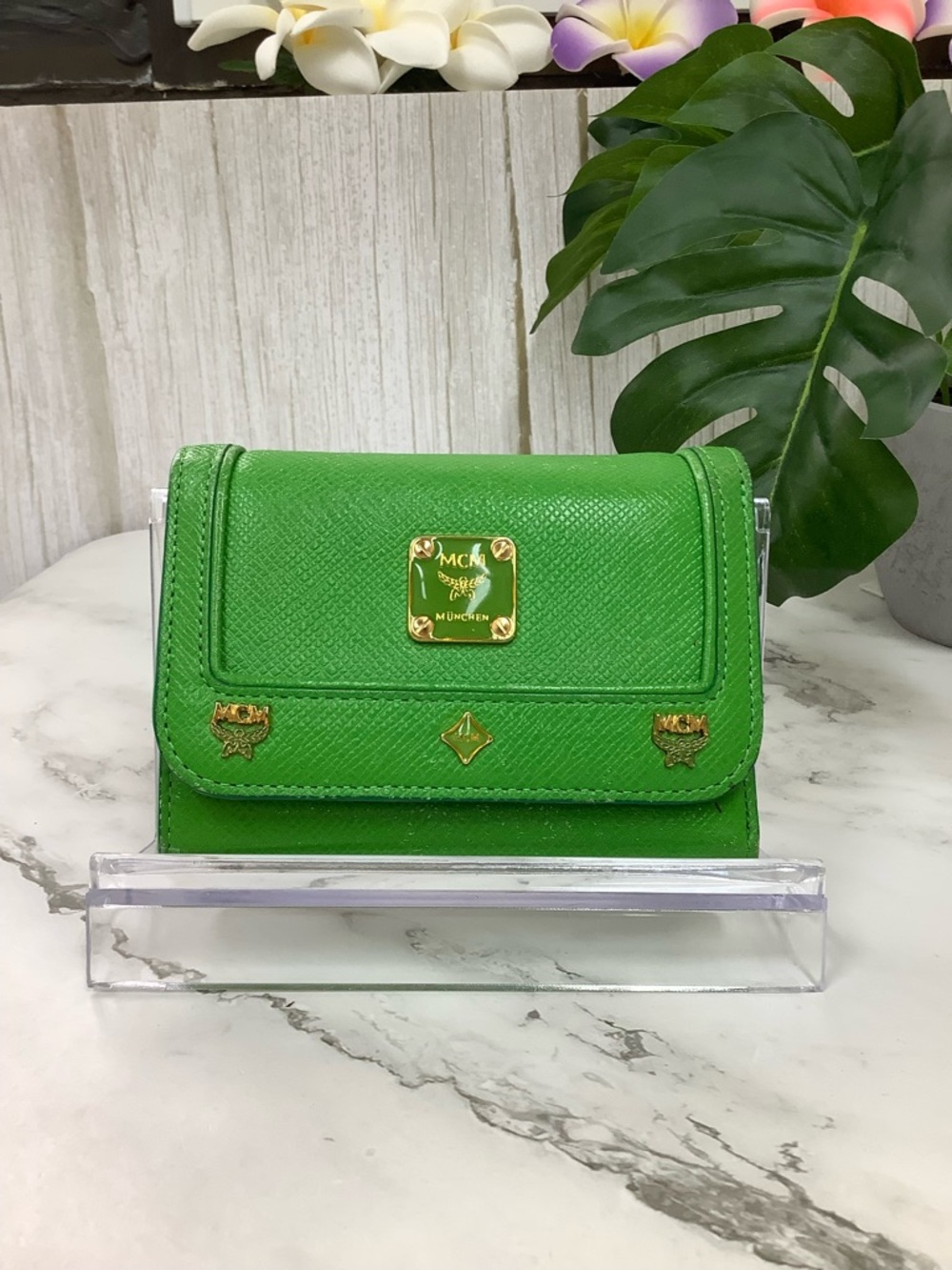GUC MCM Green Saffiano Leather Mini Crossbody with Gold Hardware